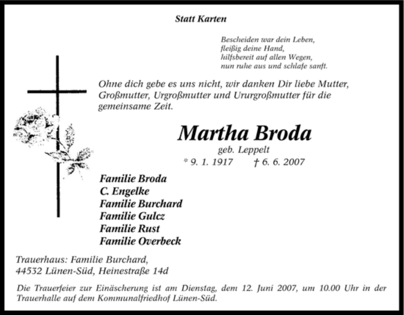 Traueranzeigen Von Martha Broda Trauer In Nrw De