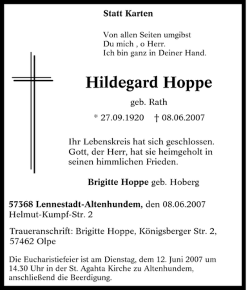 Traueranzeigen Von Hildegard Hoppe Trauer In NRW De