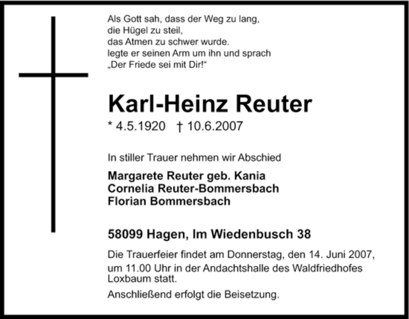 Traueranzeigen Von Karl Heinz Reuter Trauer In NRW De