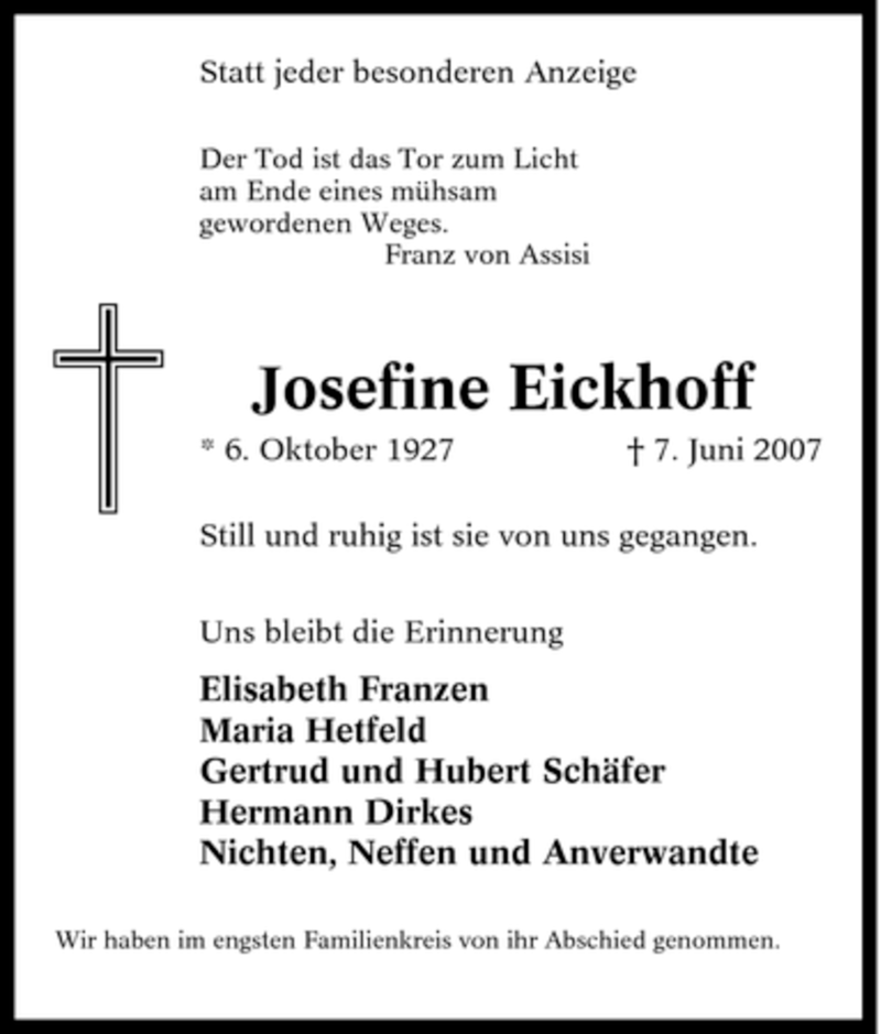 Traueranzeigen Von Josefine Eickhoff Trauer In Nrw De