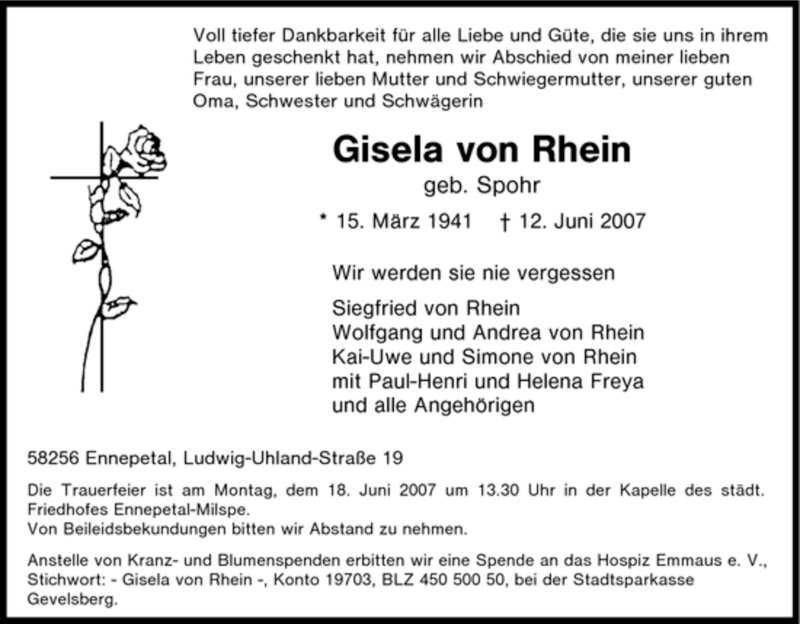 Traueranzeigen Von Gisela Von Rhein Trauer In NRW De