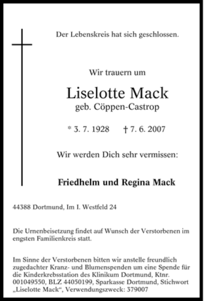 Traueranzeigen Von Liselotte Mack Trauer In NRW De