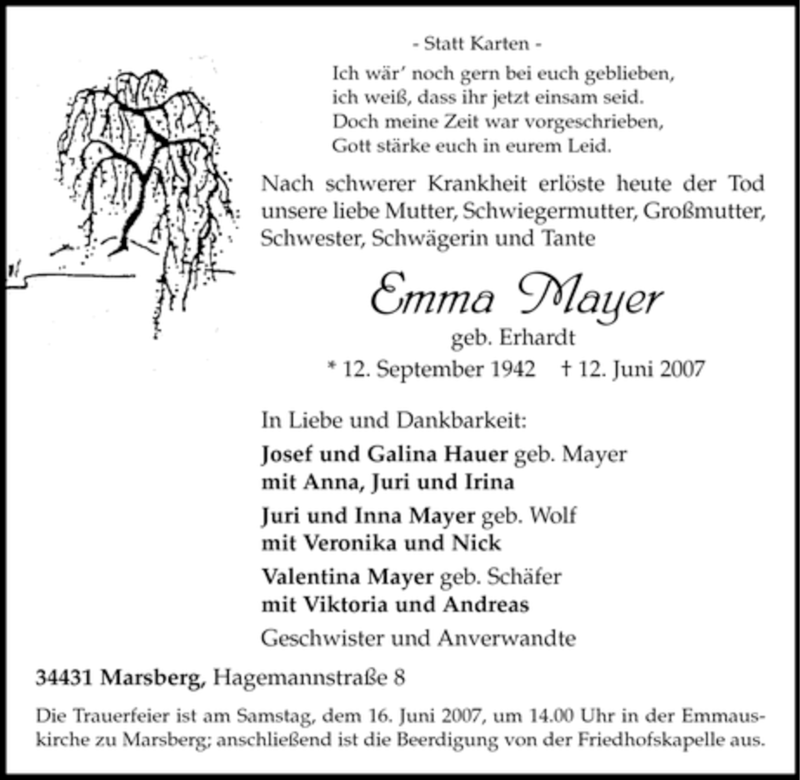 Traueranzeigen Von Emma Mayer Trauer In NRW De