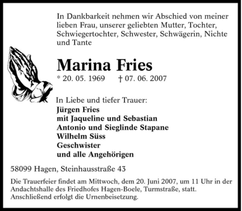 Traueranzeigen Von Marina Fries Trauer In NRW De