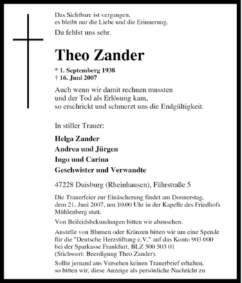 Traueranzeigen Von Theo Zander Trauer In Nrw De