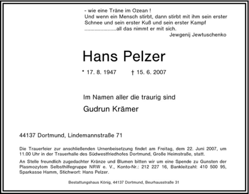 Traueranzeigen Von Hans Pelzer Trauer In Nrw De