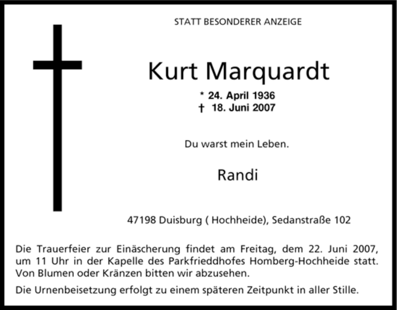 Traueranzeigen Von Kurt Marquardt Trauer In Nrw De