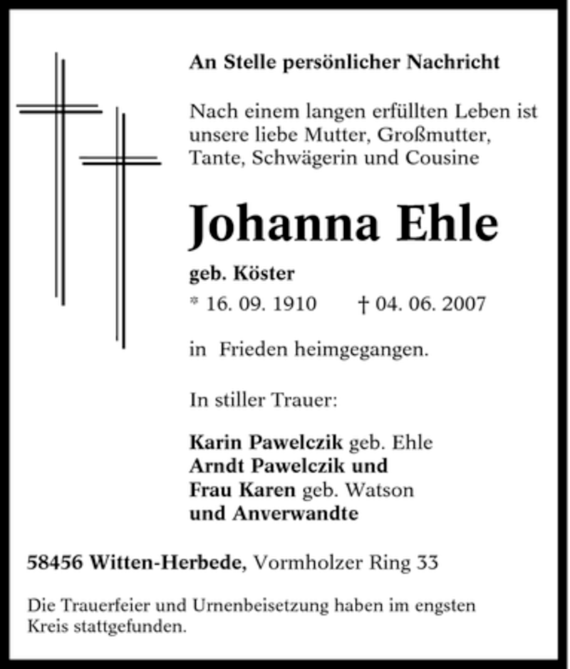 Traueranzeigen Von Johanna Ehle Trauer In Nrw De