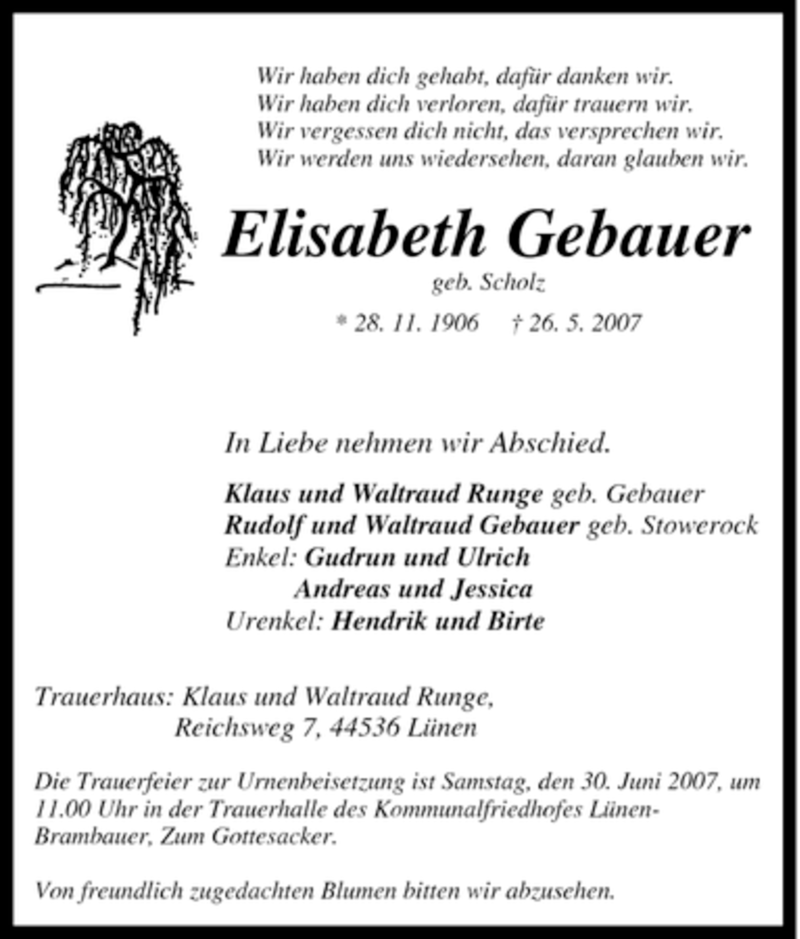 Traueranzeigen Von Elisabeth Gebauer Trauer In NRW De