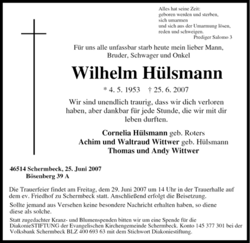 Traueranzeigen Von Wilhelm H Lsmann Trauer In Nrw De