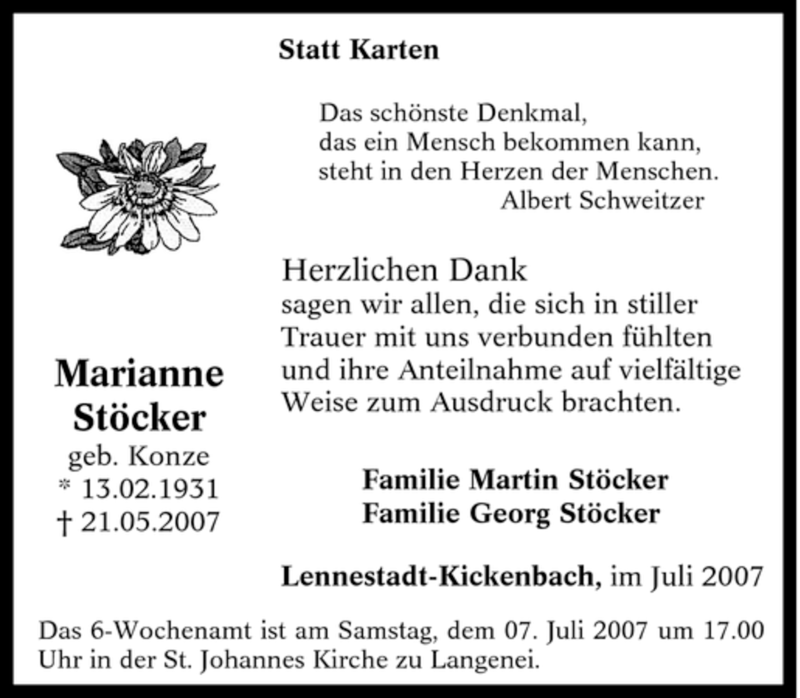 Traueranzeigen von Marianne Stöcker Trauer in NRW de