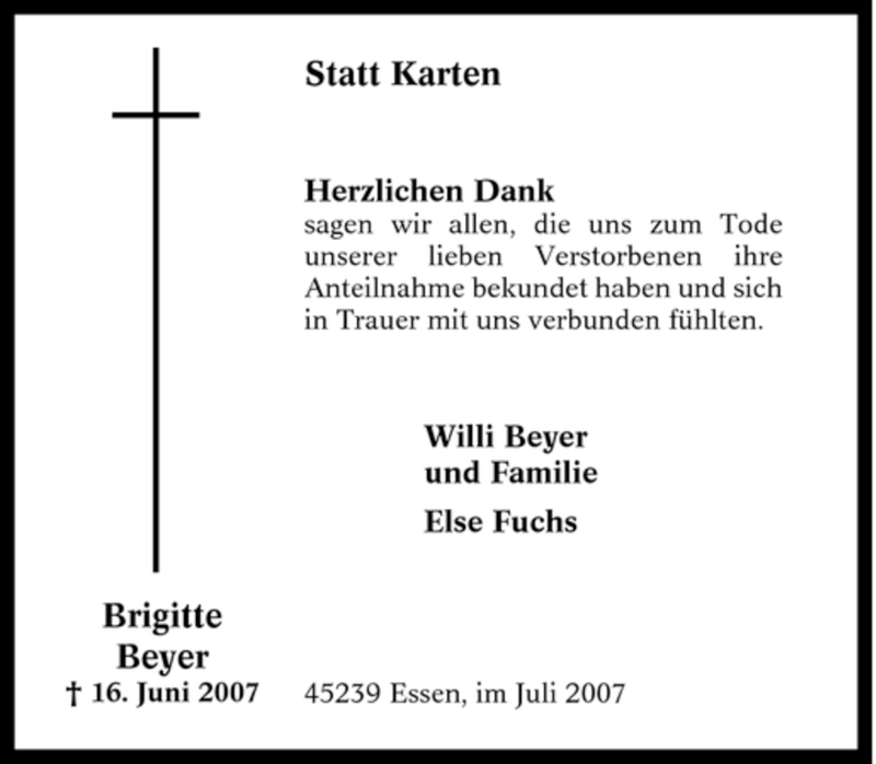 Traueranzeigen Von Brigitte Beyer Trauer In Nrw De