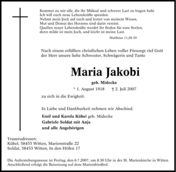 Traueranzeigen Von Maria Jakobi Trauer In Nrw De