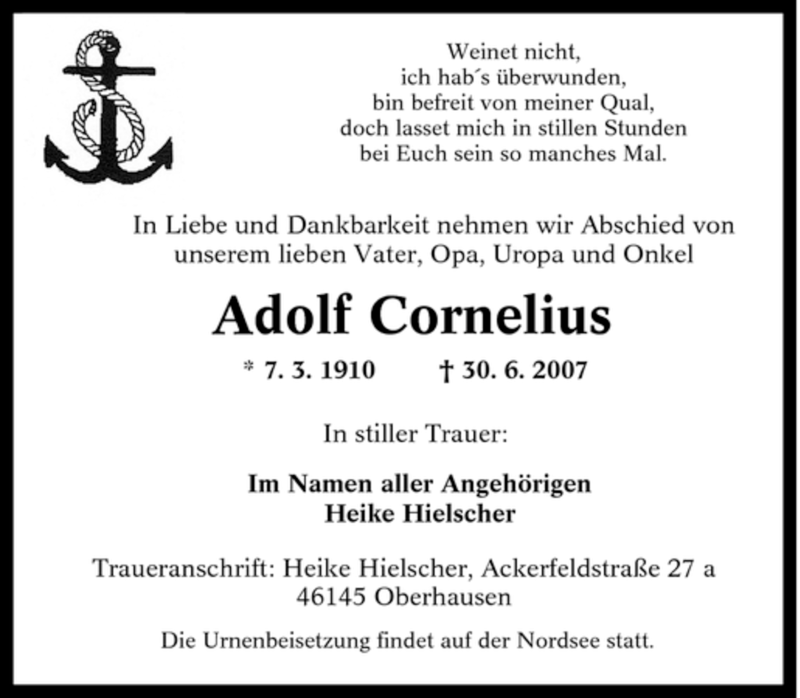 Traueranzeigen Von Adolf Cornelius Trauer In Nrw De