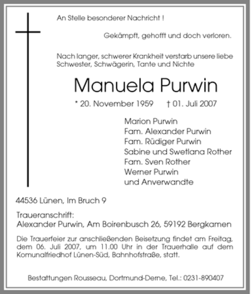 Traueranzeigen Von Manuela Purwin Trauer In Nrw De