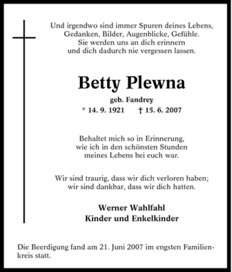 Traueranzeigen Von Betty Plewna Trauer In NRW De