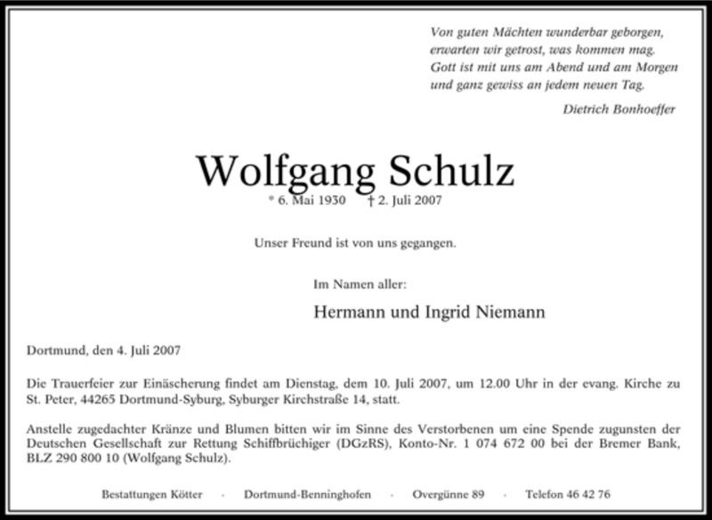 Traueranzeigen Von Wolfgang Schulz Trauer In NRW De