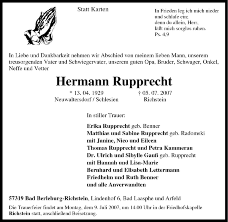 Traueranzeigen Von Hermann Rupprecht Trauer In NRW De