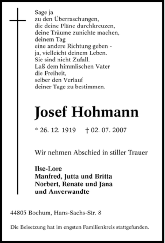 Traueranzeigen Von Josef Hohmann Trauer In Nrw De