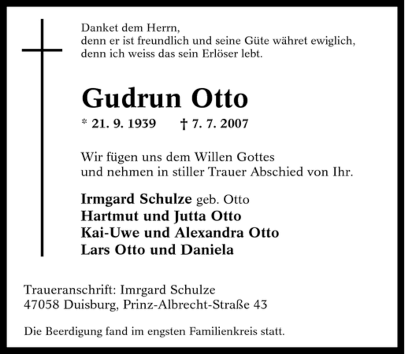 Traueranzeigen Von Gudrun Otto Trauer In NRW De