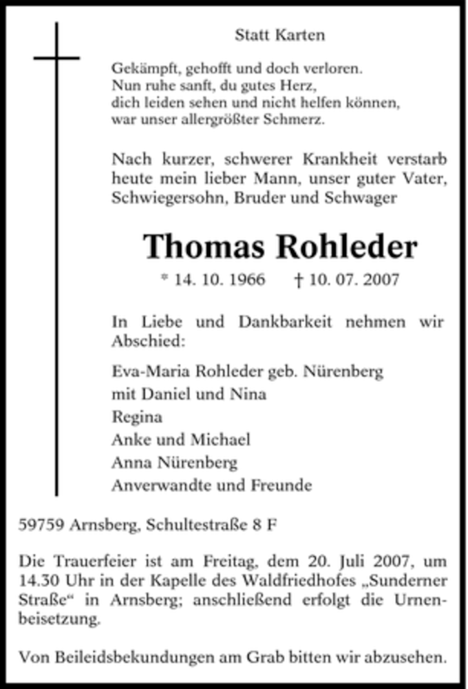 Traueranzeigen Von Thomas Rohleder Trauer In Nrw De