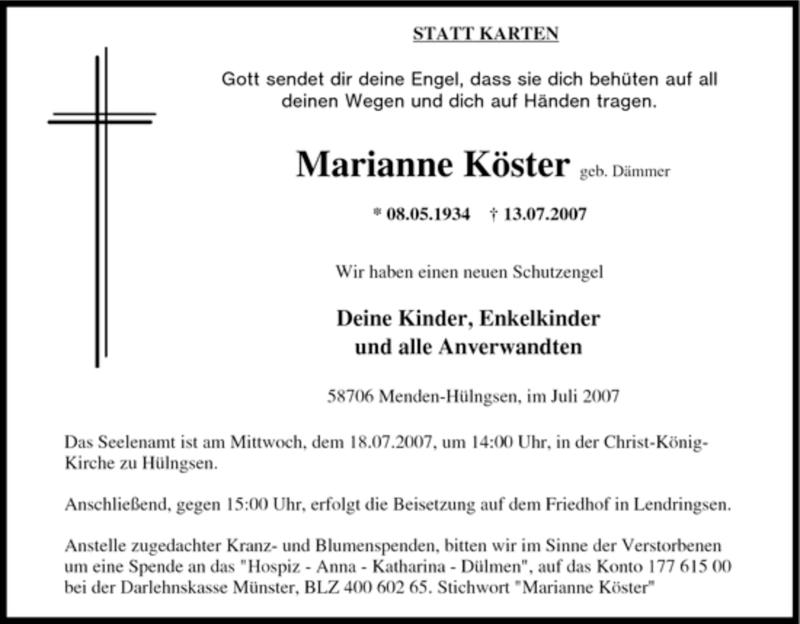 Traueranzeigen von Marianne Köster Trauer in NRW de