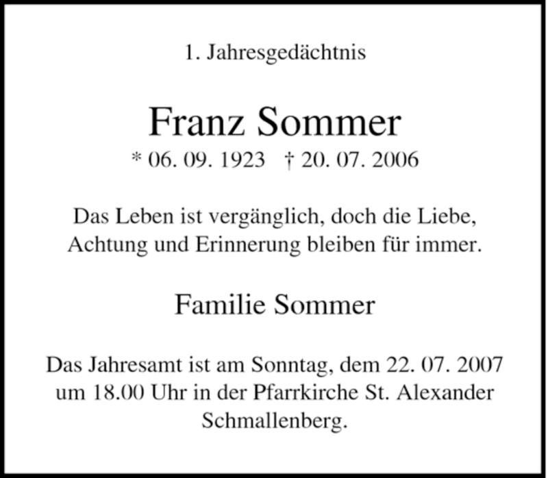 Traueranzeigen Von Franz Sommer Trauer In Nrw De