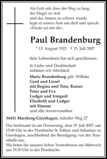 Traueranzeigen Von Paul Brandenburg Trauer In NRW De