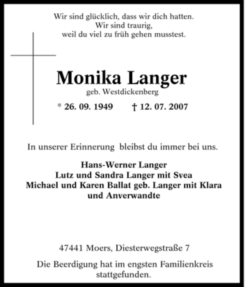 Traueranzeigen Von Monika Langer Trauer In NRW De