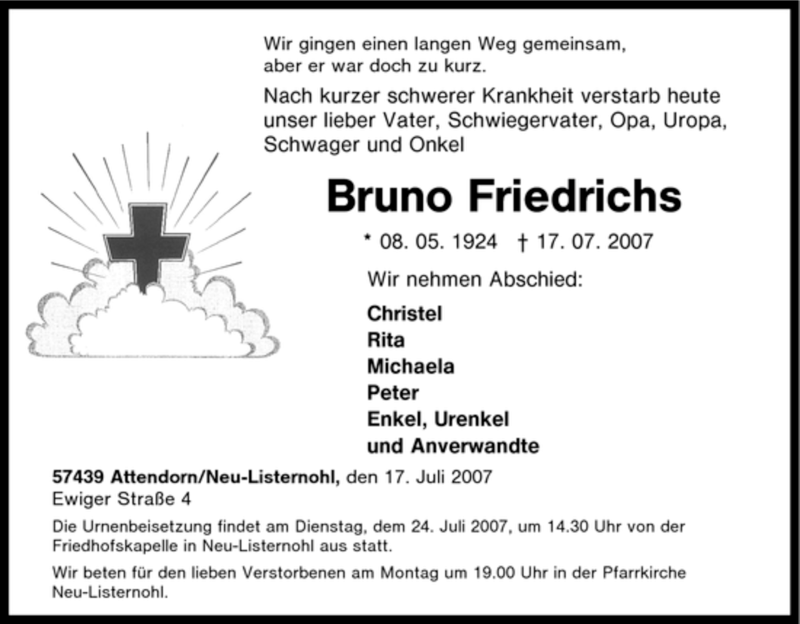 Traueranzeigen Von Bruno Friedrichs Trauer In NRW De