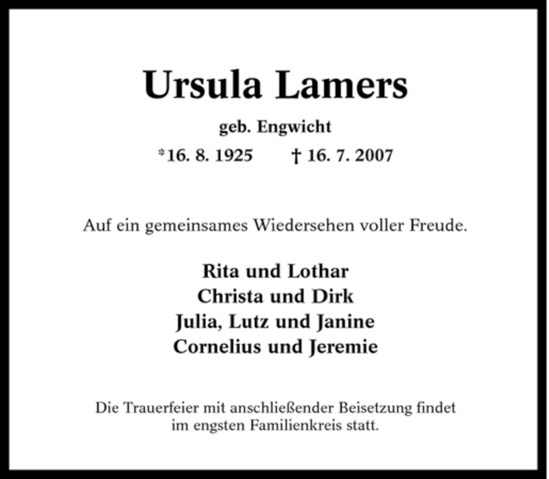 Traueranzeigen Von Ursula Lamers Trauer In NRW De