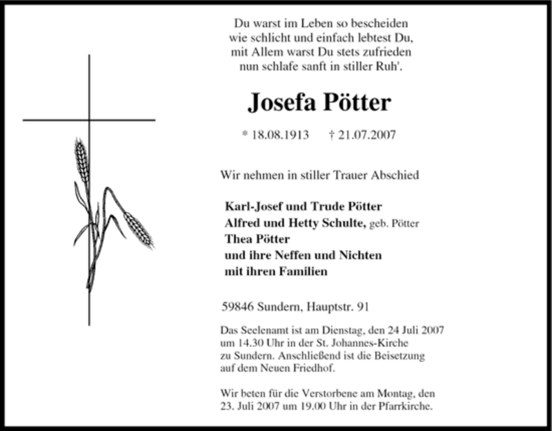 Traueranzeigen Von Josefa P Tter Trauer In Nrw De