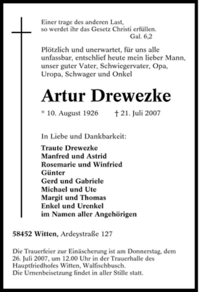 Traueranzeigen Von Artur Drewezke Trauer In Nrw De