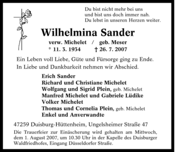 Traueranzeigen Von Wilhelmina Sander Trauer In Nrw De