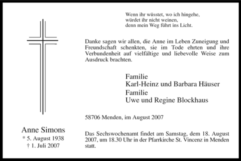 Traueranzeigen Von Anne Simons Trauer In Nrw De