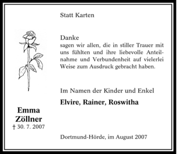 Traueranzeigen von Emma Zöllner Trauer in NRW de