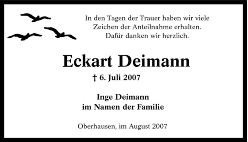 Traueranzeigen Von Eckart Deimann Trauer In Nrw De