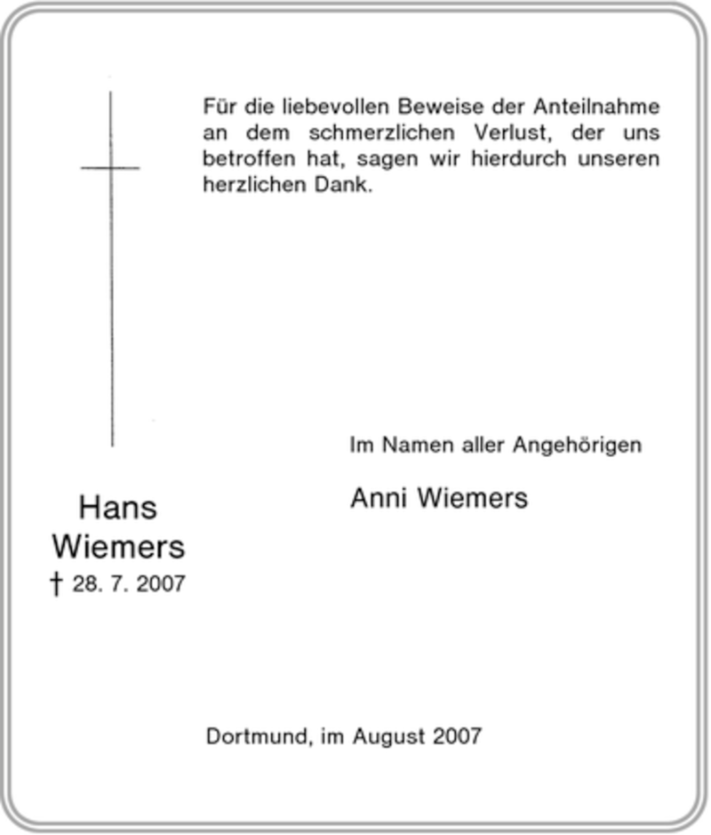 Traueranzeigen Von Hans Wiemers Trauer In NRW De