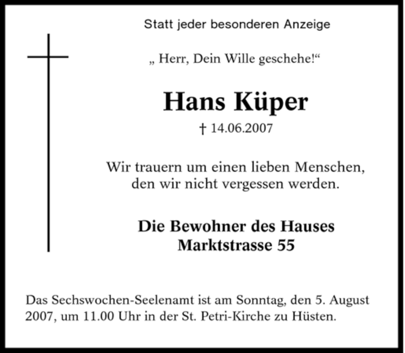 Traueranzeigen von Hans Küper Trauer in NRW de