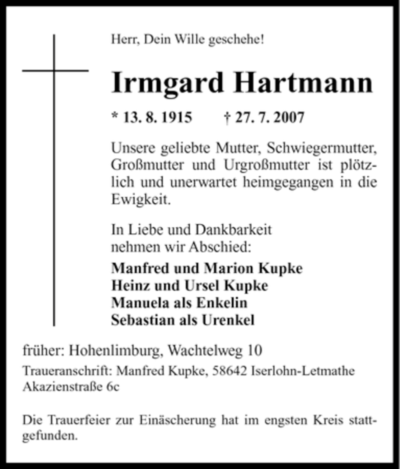 Traueranzeigen Von Irmgard Hartmann Trauer In NRW De