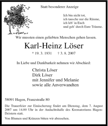 Traueranzeigen von Karl Heinz Löser Trauer in NRW de