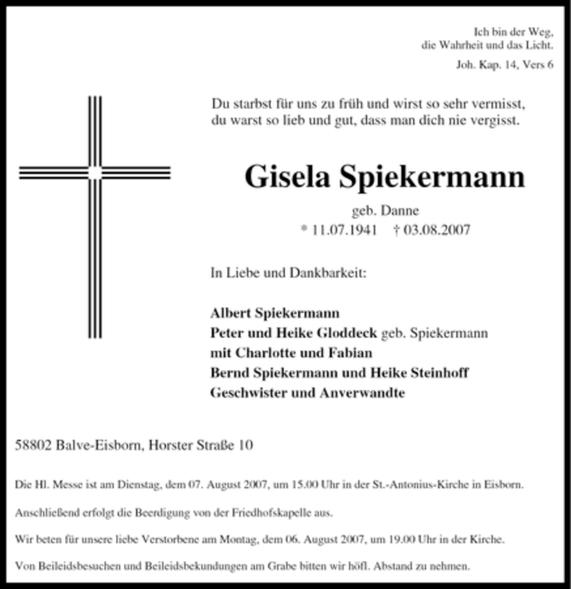 Traueranzeigen Von Gisela Spiekermann Trauer In NRW De