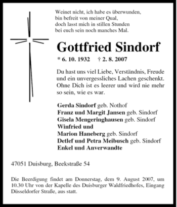 Traueranzeigen Von Gottfried Sindorf Trauer In Nrw De