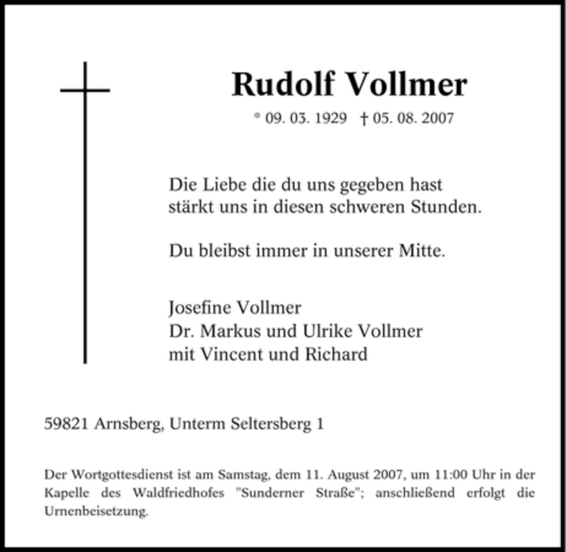 Traueranzeigen Von Rudolf Vollmer Trauer In Nrw De