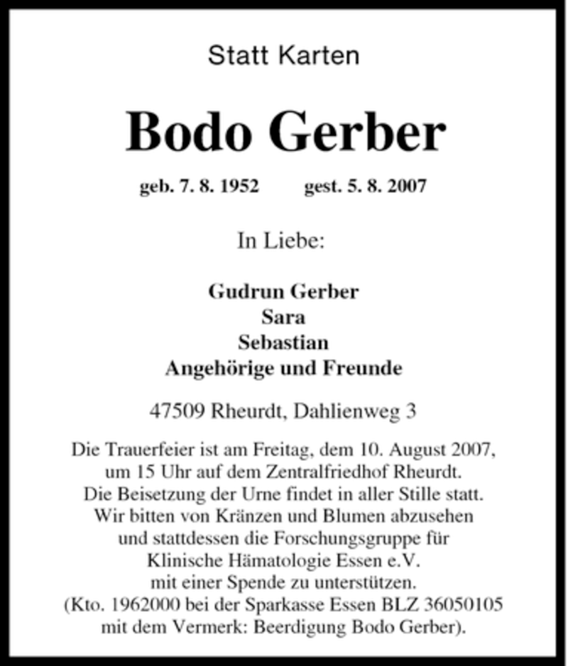 Traueranzeigen Von Bodo Gerber Trauer In Nrw De