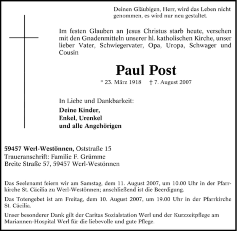 Traueranzeigen Von Paul Post Trauer In Nrw De