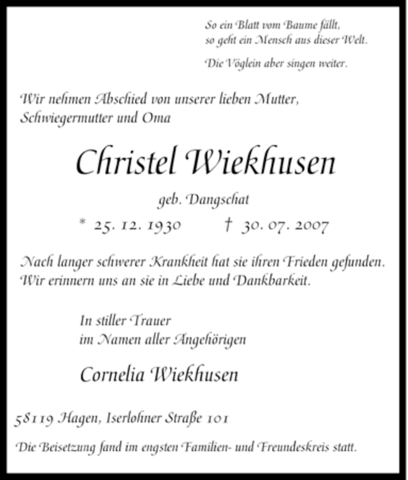 Traueranzeigen Von Christel Wiekhusen Trauer In NRW De