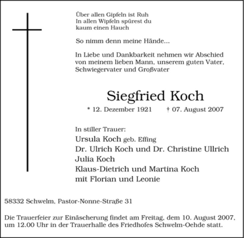 Traueranzeigen Von Siegfried Koch Trauer In NRW De