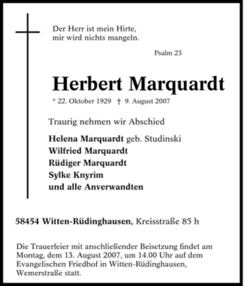 Traueranzeigen Von Herbert Marquardt Trauer In Nrw De