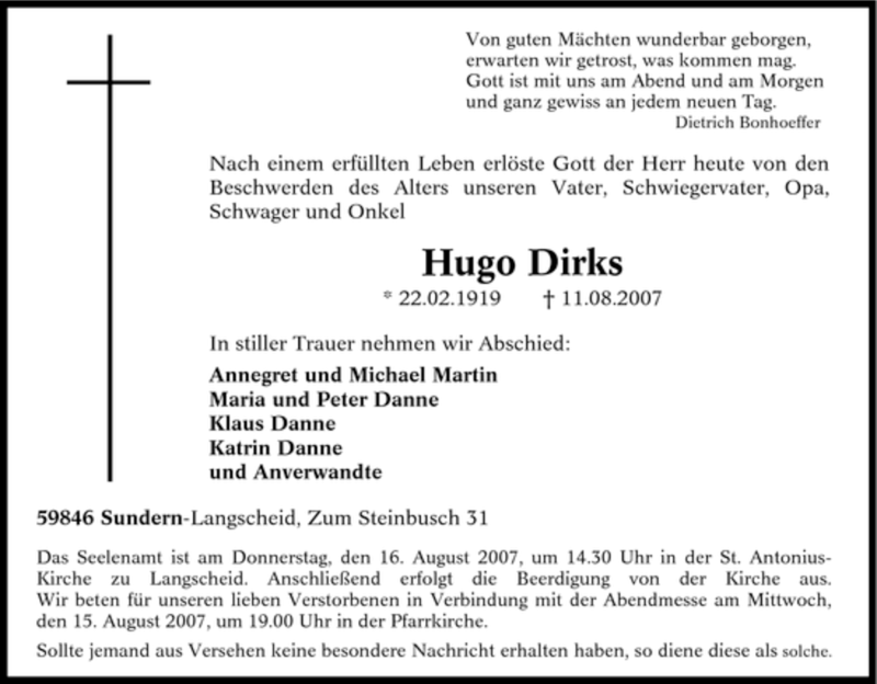 Traueranzeigen Von Hugo Dirks Trauer In Nrw De